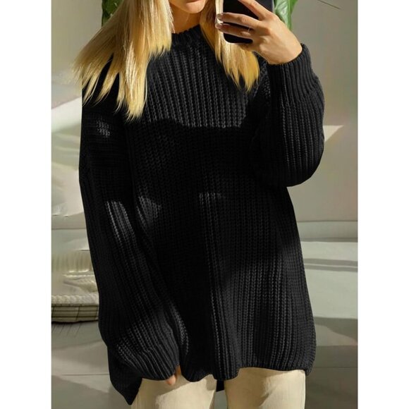 Trendy Black Ribbed Knit Oversized Sweater - Medium for Effortless Style - Picture 3 of 5